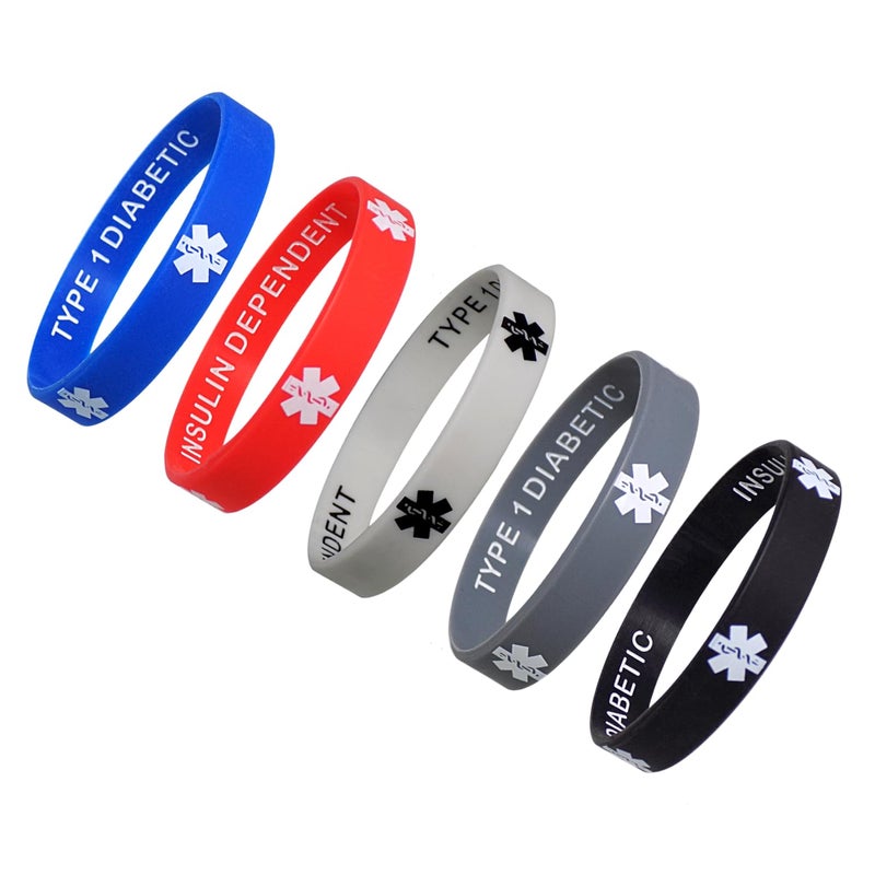 Max Petals Type 1 Diabetic Insulin Dependent Medical Alert ID Privacy Enhanced Silicone Bracelets Wristbands 5 Pack - Image 3